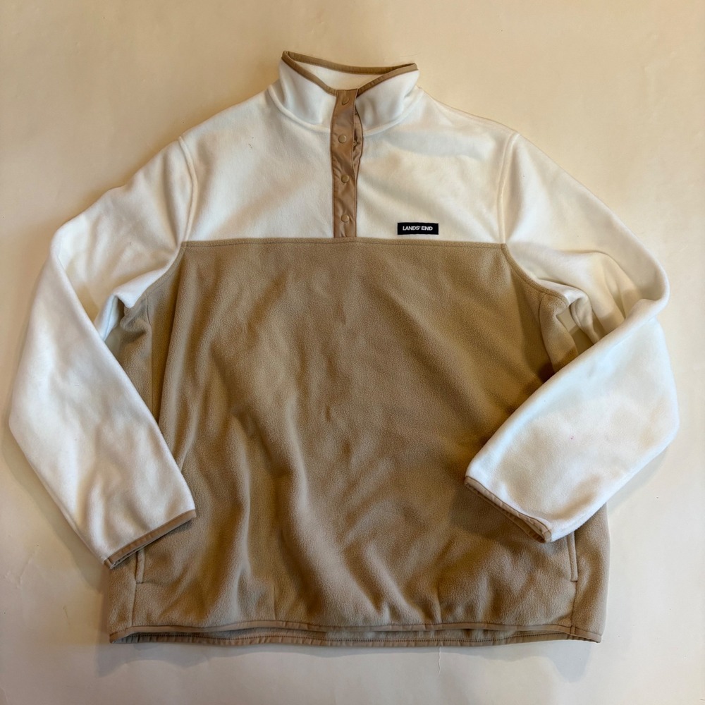 Lands End Mens XL White Tan Colorblock Snap Neck Fleece Pullover 517212